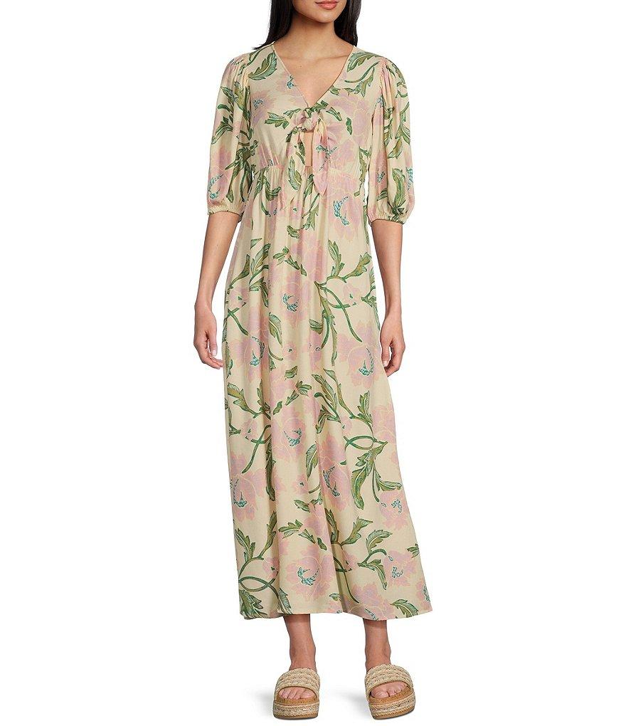Billabong Night Fall Puff Sleeve Tie Front Floral Printed Maxi Dress Product Image