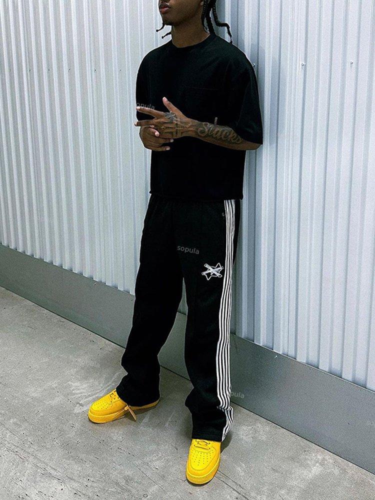 Black Strips Basic Street Print Flared Sweats Trousers Product Image