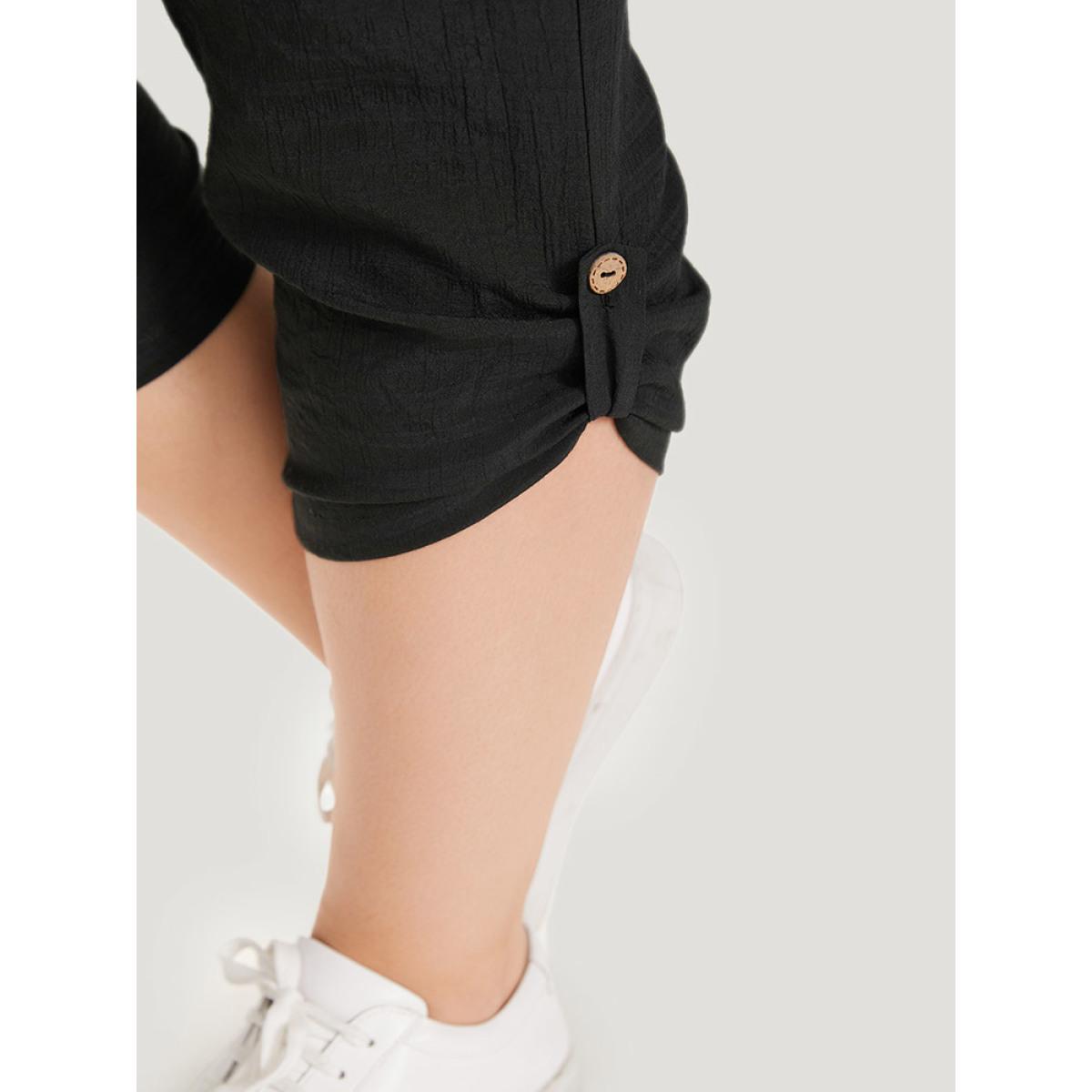 Plus Size Solid Pocket Button Detail High Rise Pants Women Black Casual High Rise Dailywear Pants BloomChic 26/4X Product Image