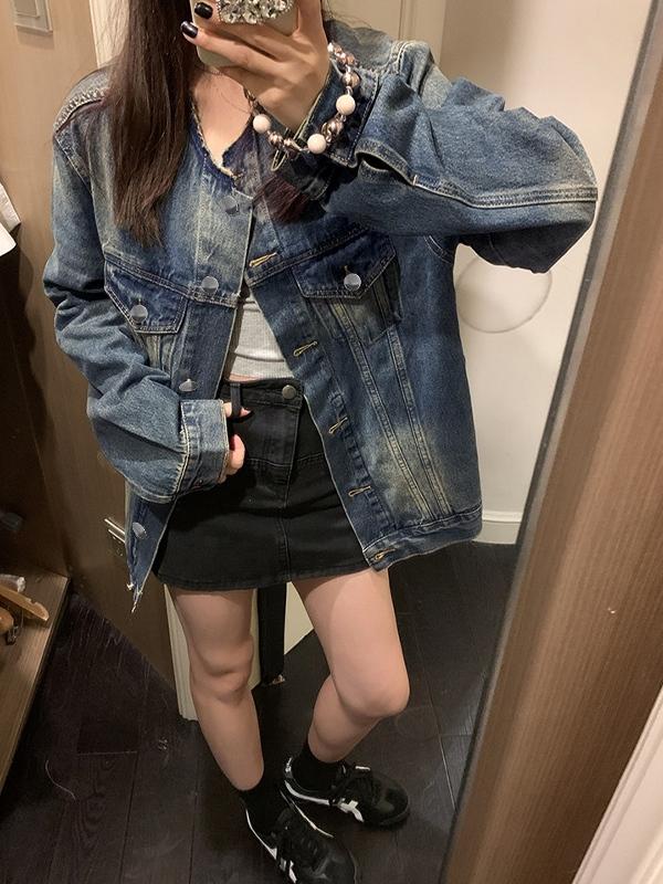 Hip Pop Distressed Denim Jacket Product Image