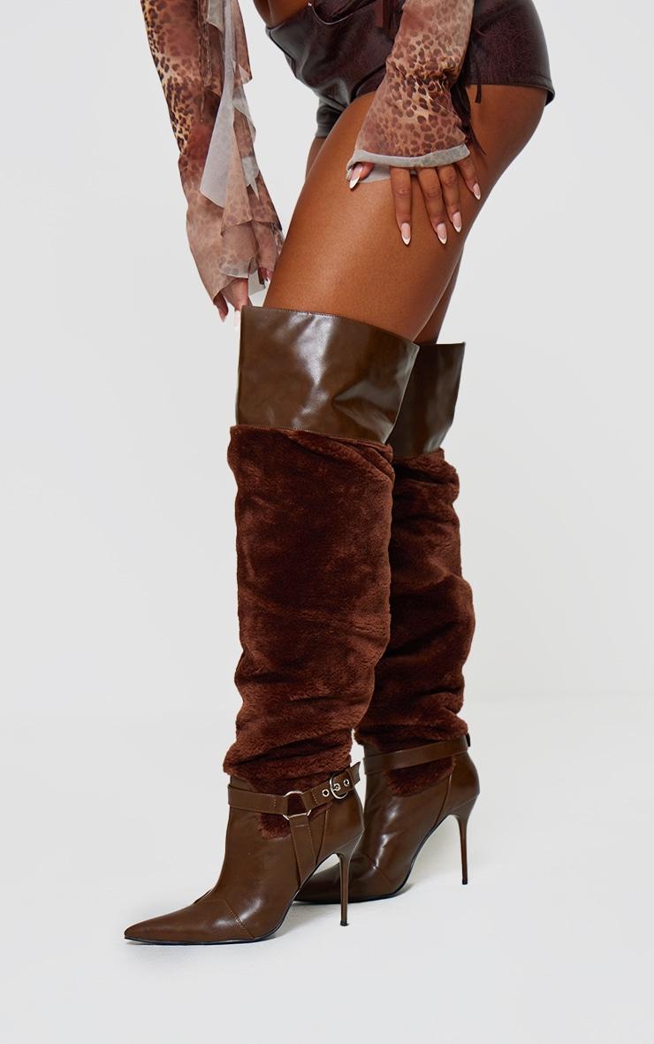 Brown PU Faux Fur Point Toe Over The Knee High Stiletto Heeled Boots Product Image