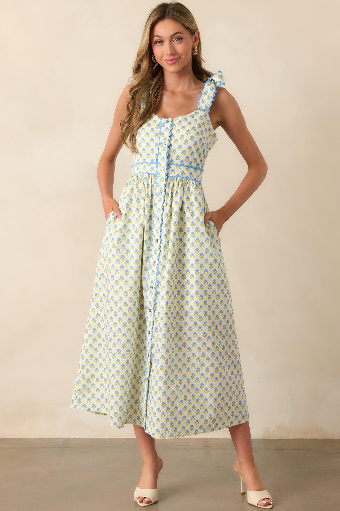 Hold Onto That Feeling Blue Floral Cotton Sleeveless Maxi Dress Product Image