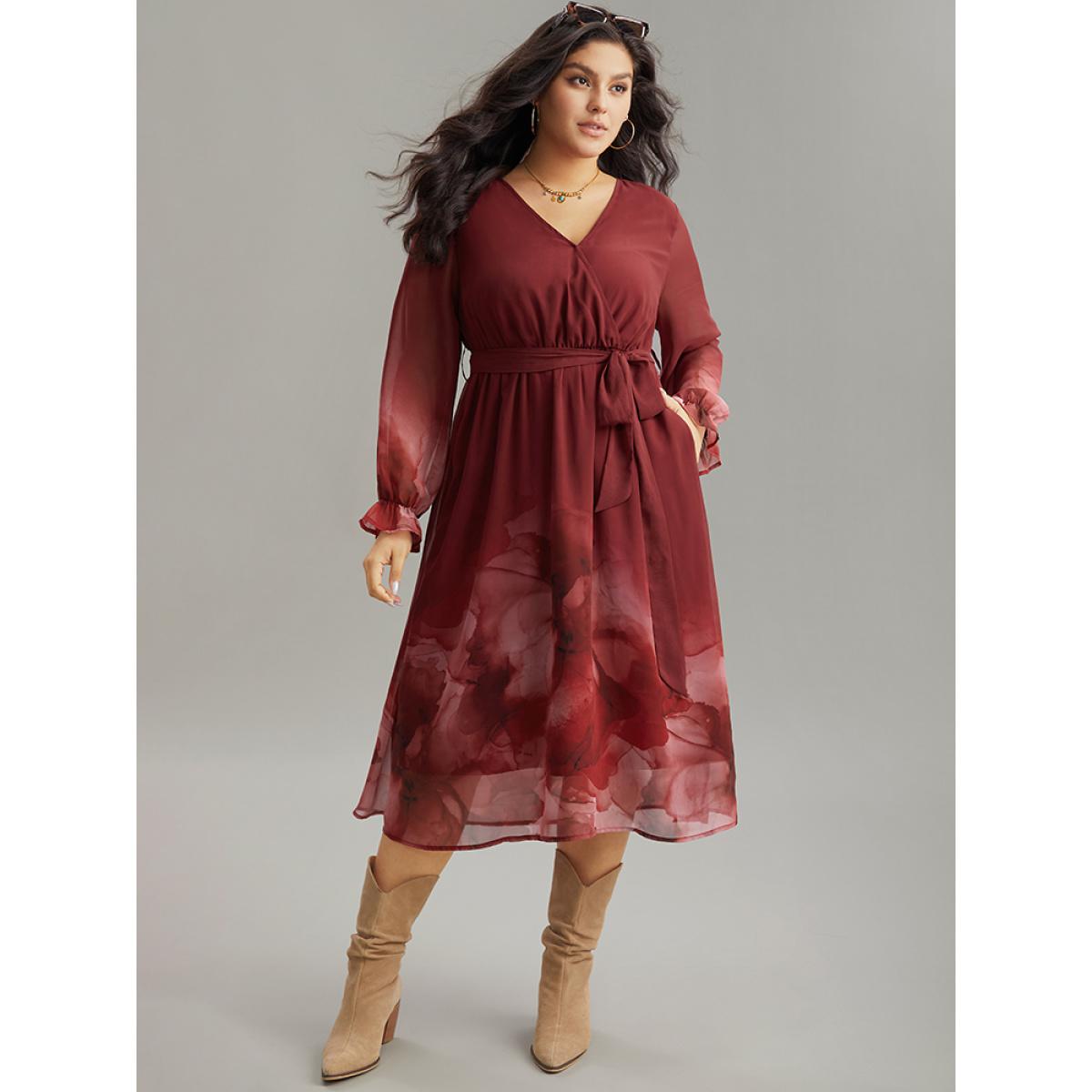 Plus Size Floral Mesh V Neck Belted Dress Scarlet Women Vacation Wrap Overlap Collar Long Sleeve Curvy Midi Dress BloomChic 30/6X Product Image