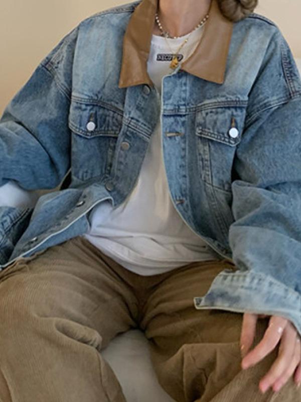 Vintage Contrast Leather Lapel Neck Denim Jacket Product Image
