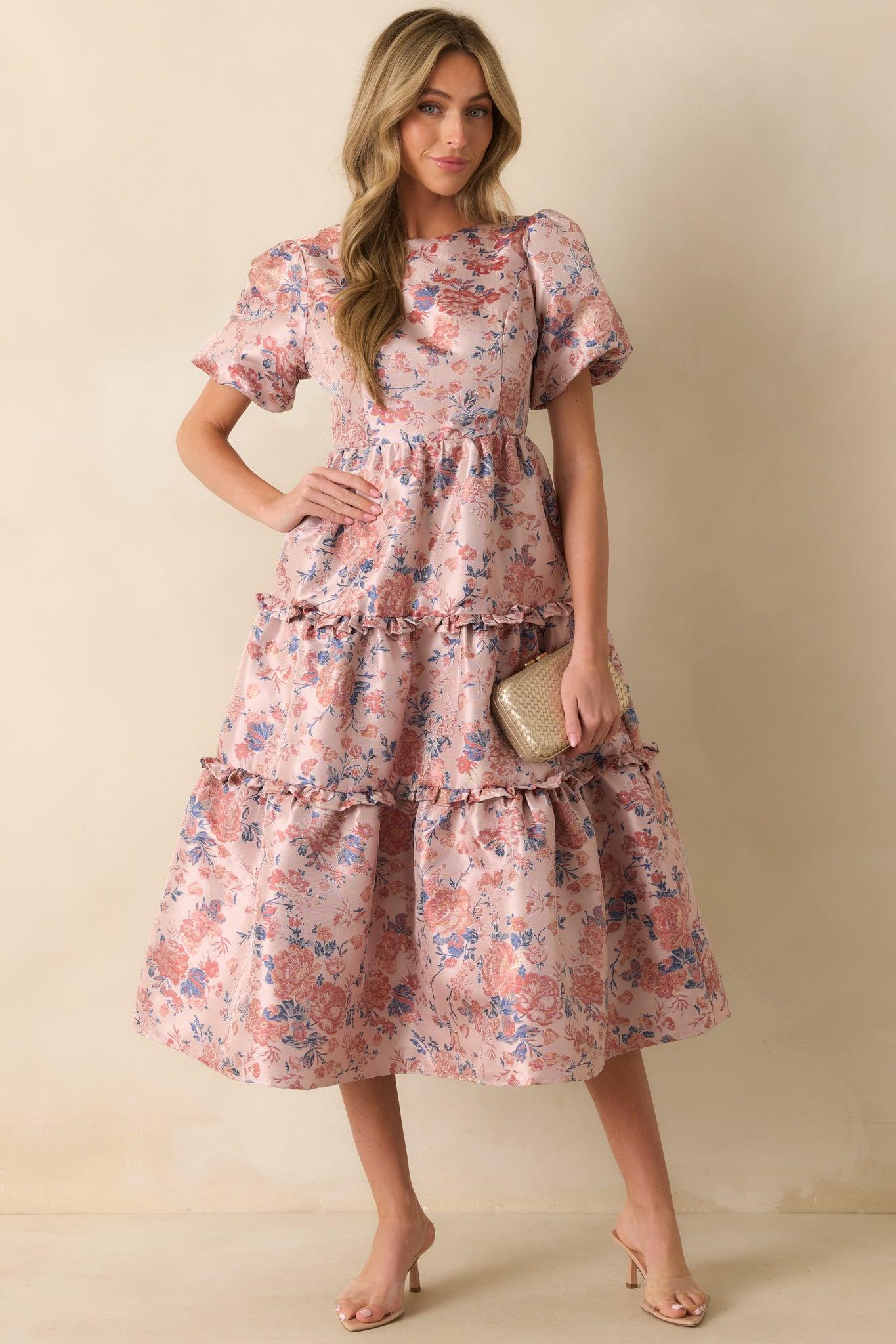 Follow My Lead Mauve Floral Jacquard Midi Dress L / Mauve Product Image