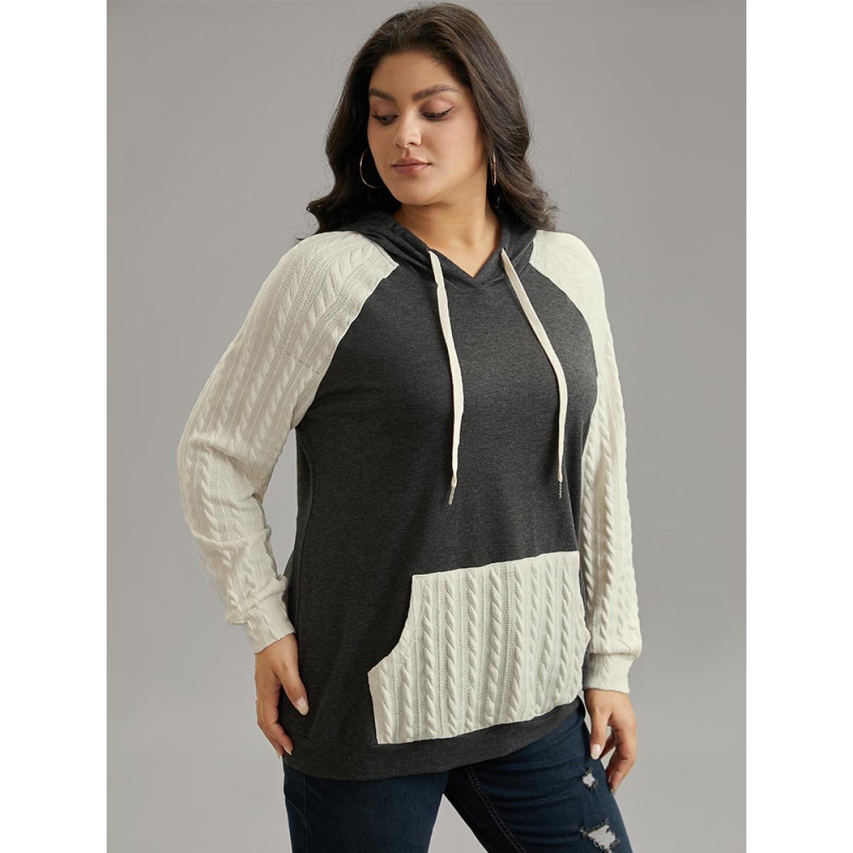 Plus Size Contrast Cable Knit Pocket Hooded Drawstring Sweatshirt Women Gray Casual Texture Hooded Everyday Sweatshirts BloomChic 28/5X Product Image