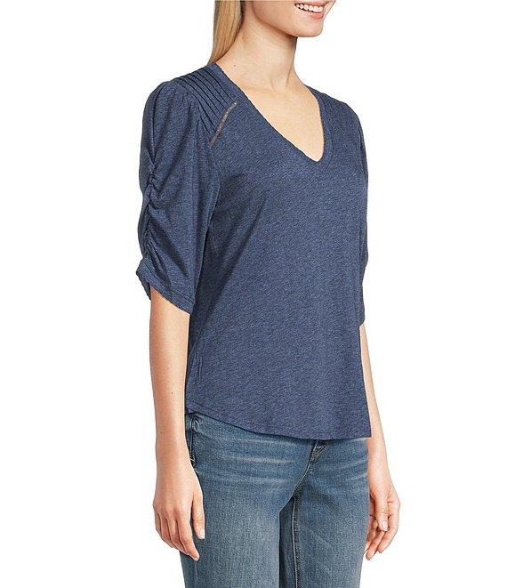Democracy Knit Scallop V-Neck Elbow Ruched Sleeve Crochet Detail Top Product Image