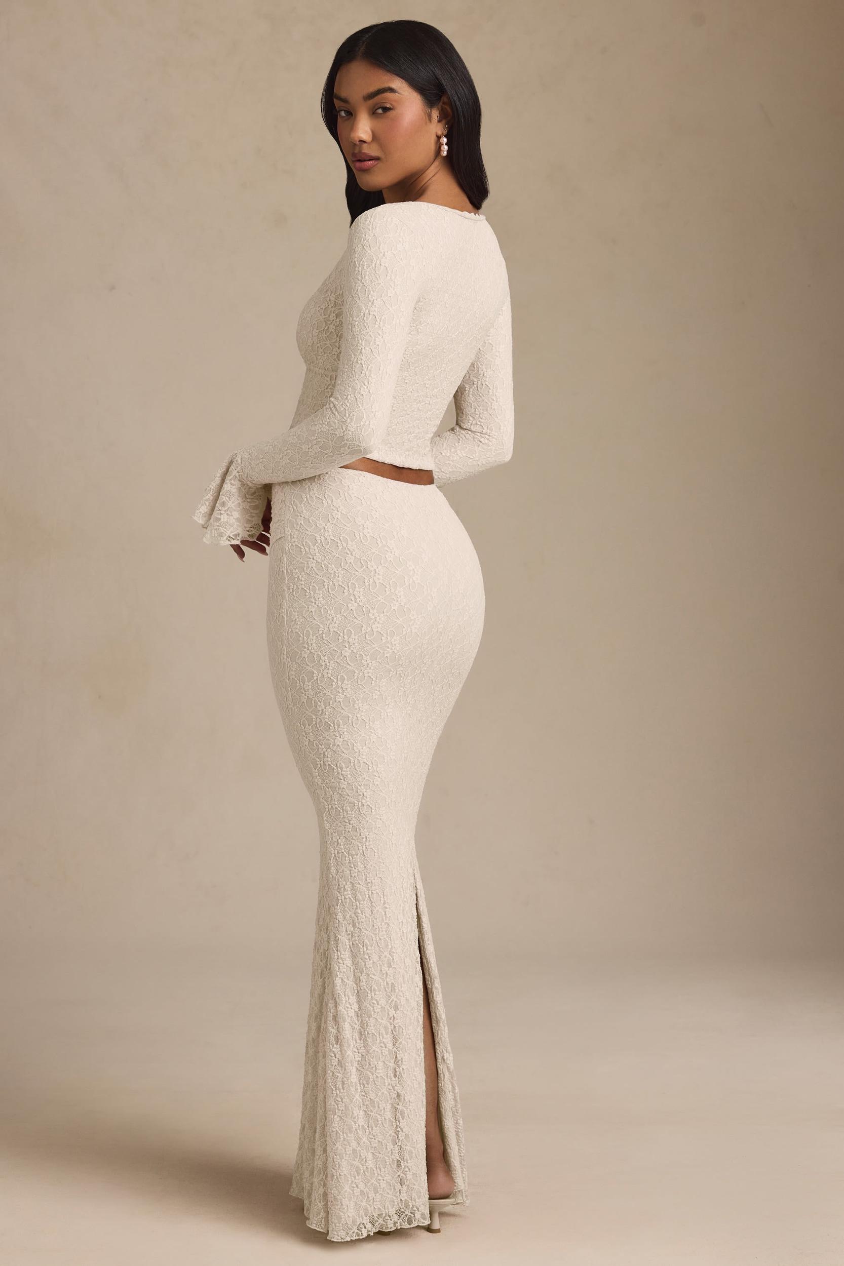 Draped Low-Rise Lace Maxi Skirt in Ivory Product Image