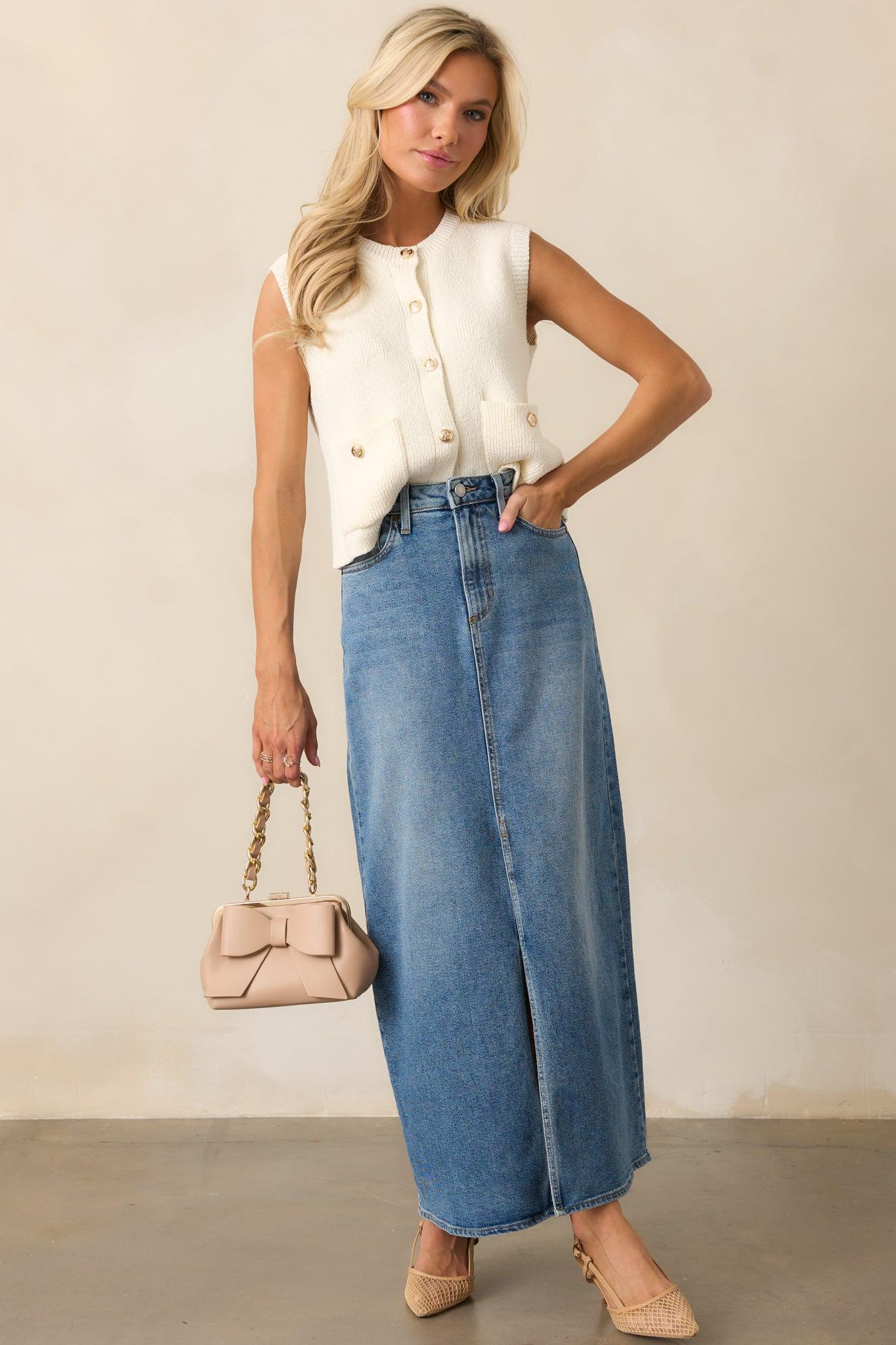 Days Of Dreaming Medium Wash Denim Midi Skirt Product Image