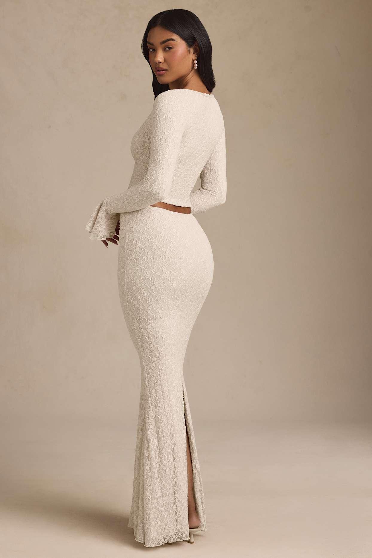 Draped Low-Rise Lace Maxi Skirt in Ivory Product Image