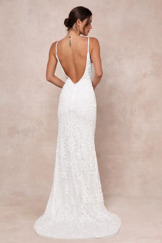Everlasting Passion White Sequin Beaded Backless Maxi Dress Product Image