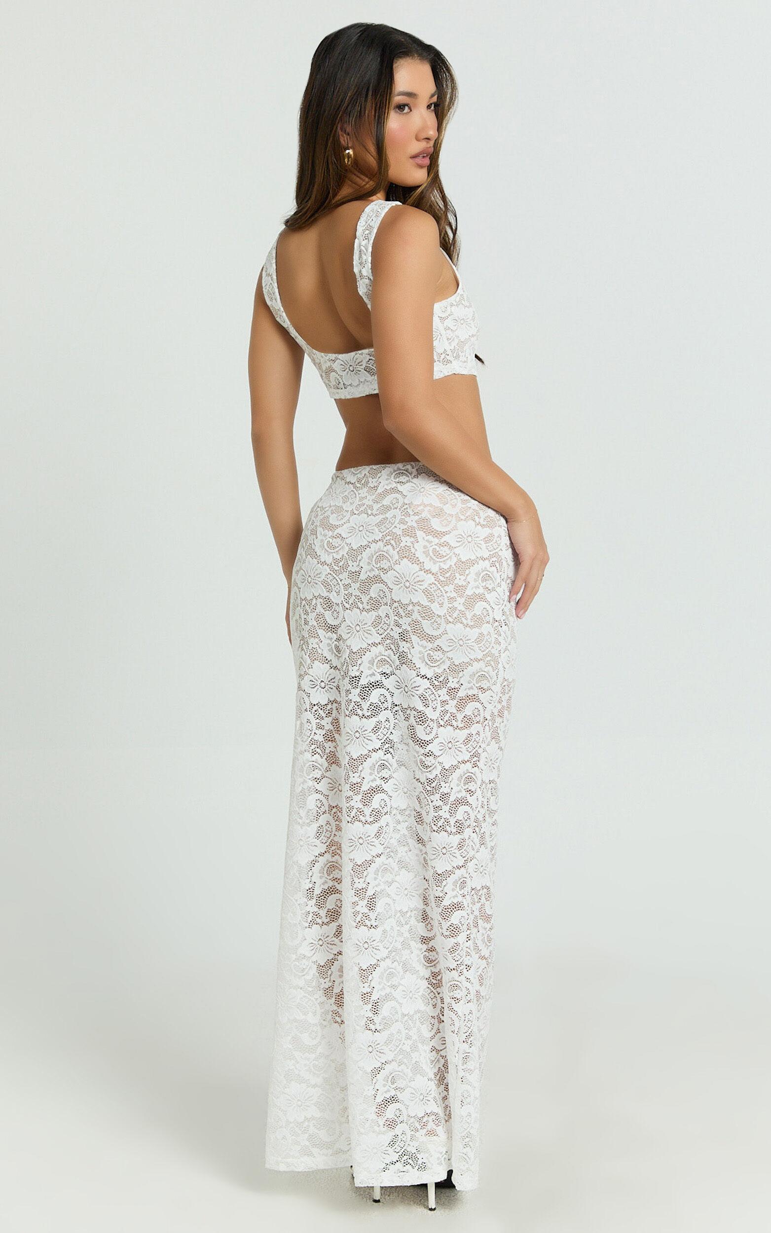 Demetria Two Piece Top and Skirt Set - Boat Neck Crop Top and Gathered Waist Maxi Skirt Set in White Product Image