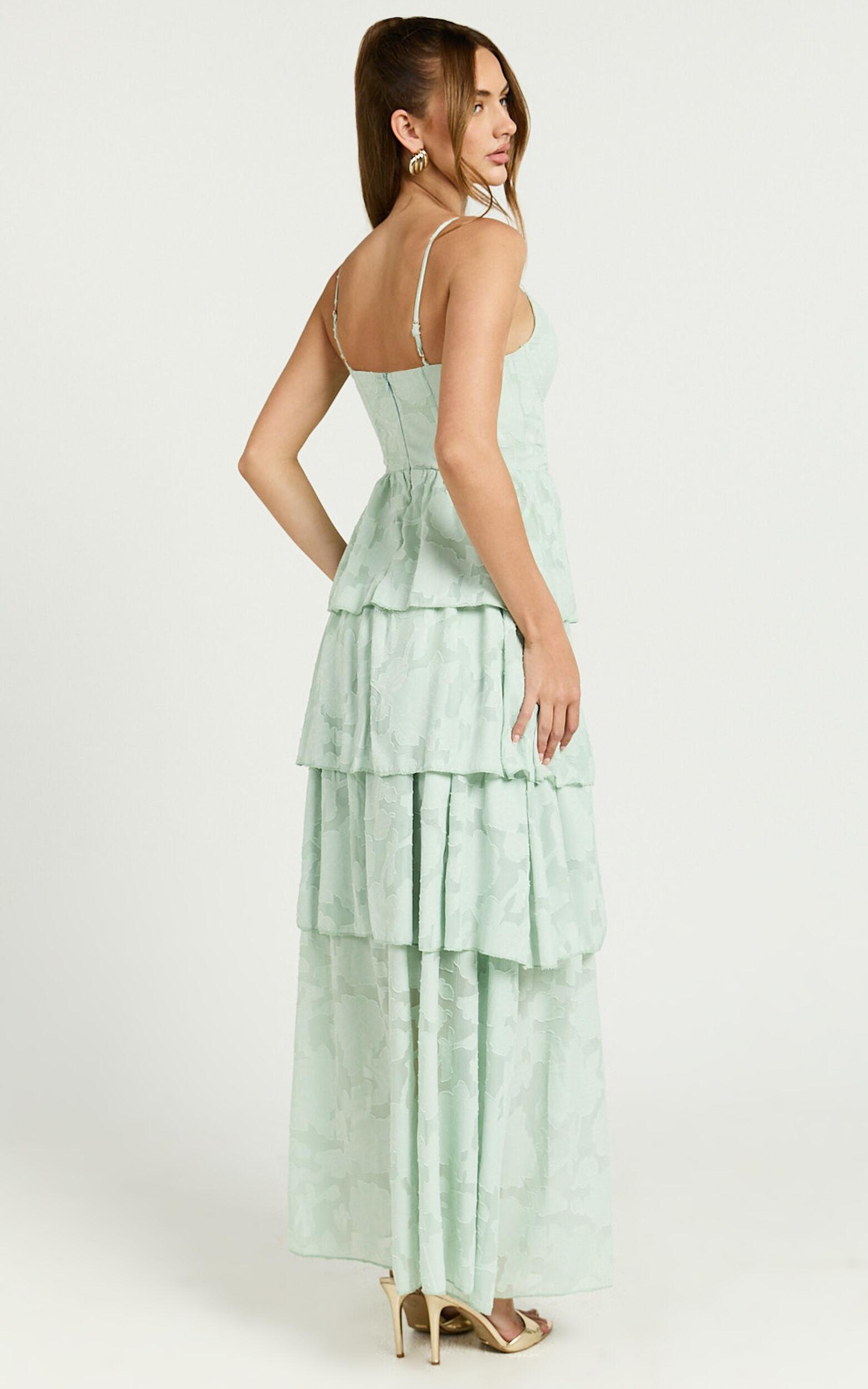 Janezkie Maxi Dress - Femme Tiered Jacquard Formal Dress in Mint Product Image