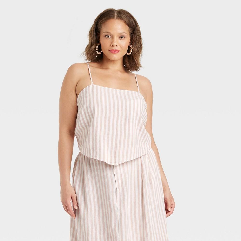 Women's Tie Back Tank Top - A New Day™ Pink/Cream Striped 2X: Linen Rayon Blend, Sleeveless, Adjustable Spaghetti Straps Product Image