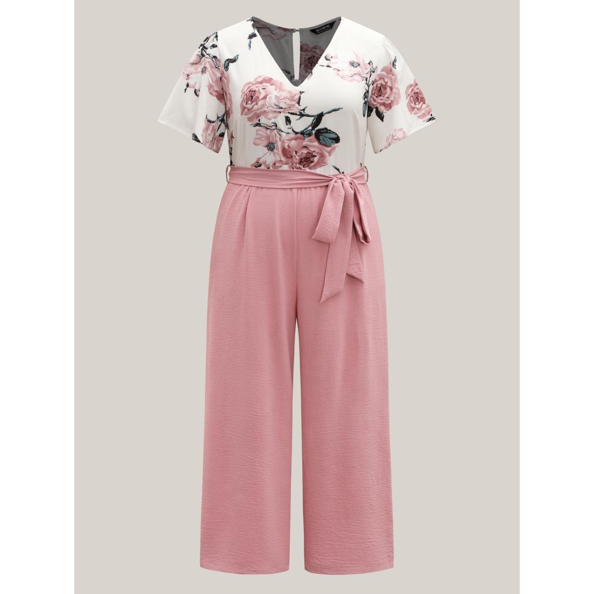 Plus Size Beanpastepowder Floral Print Belted Pockets Spliced Jumpsuit Women Elegant Short sleeve V-neck Everyday-Elegant Loose Jumpsuits BloomChic 22-24/3X Product Image