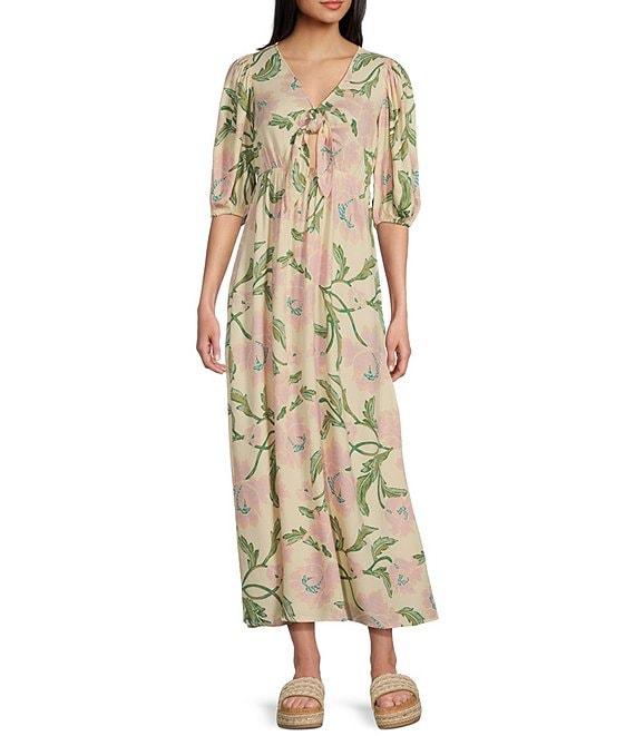 Billabong Night Fall Puff Sleeve Tie Front Floral Printed Maxi Dress Product Image