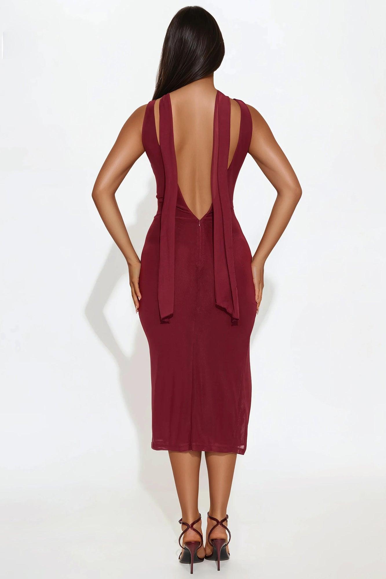 Reckless Romance Mesh Ruched Midi Dress - Wine Product Image