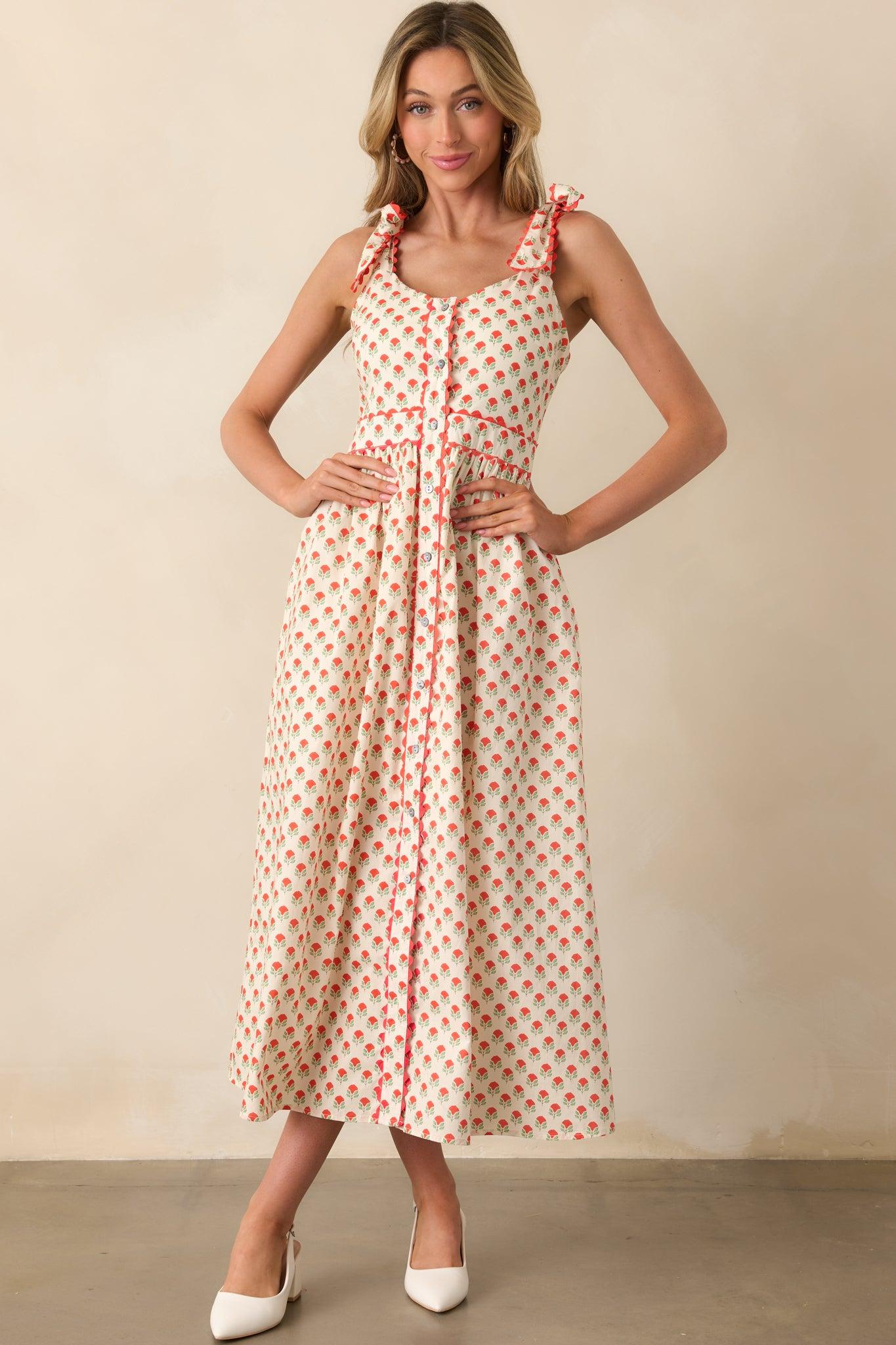 Hold Onto That Feeling Red Floral Cotton Sleeveless Maxi Dress Product Image