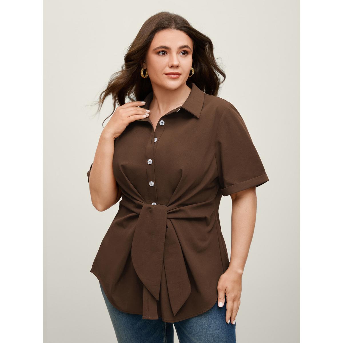 Plus Size Burgundy Knotted Front Asymmetrical Hem Blouse Women Office Short sleeve Shirt collar Office Blouses BloomChic 12/L Product Image