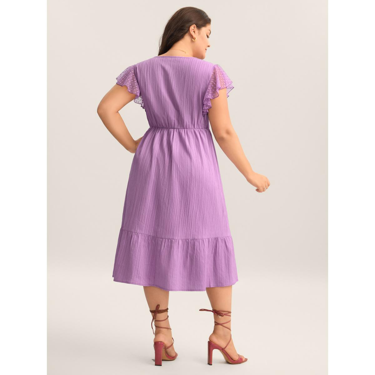 Plus Size Textured Ruffled Detail Pockets Midi Dress RedViolet Women Round Neck Cap Sleeve Curvy BloomChic 30/6X Product Image