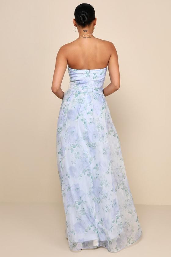Charming Sweetness Periwinkle Floral Organza Pleated Maxi Dress Product Image
