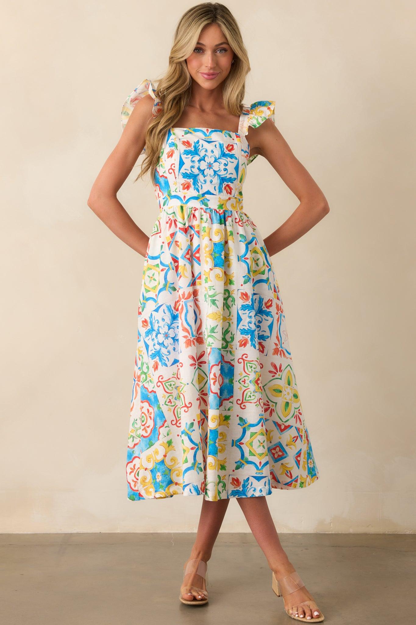 Prosperina Nicola Blue Multi Sicilian Tile Print Linen Ruffle Midi Dress Product Image
