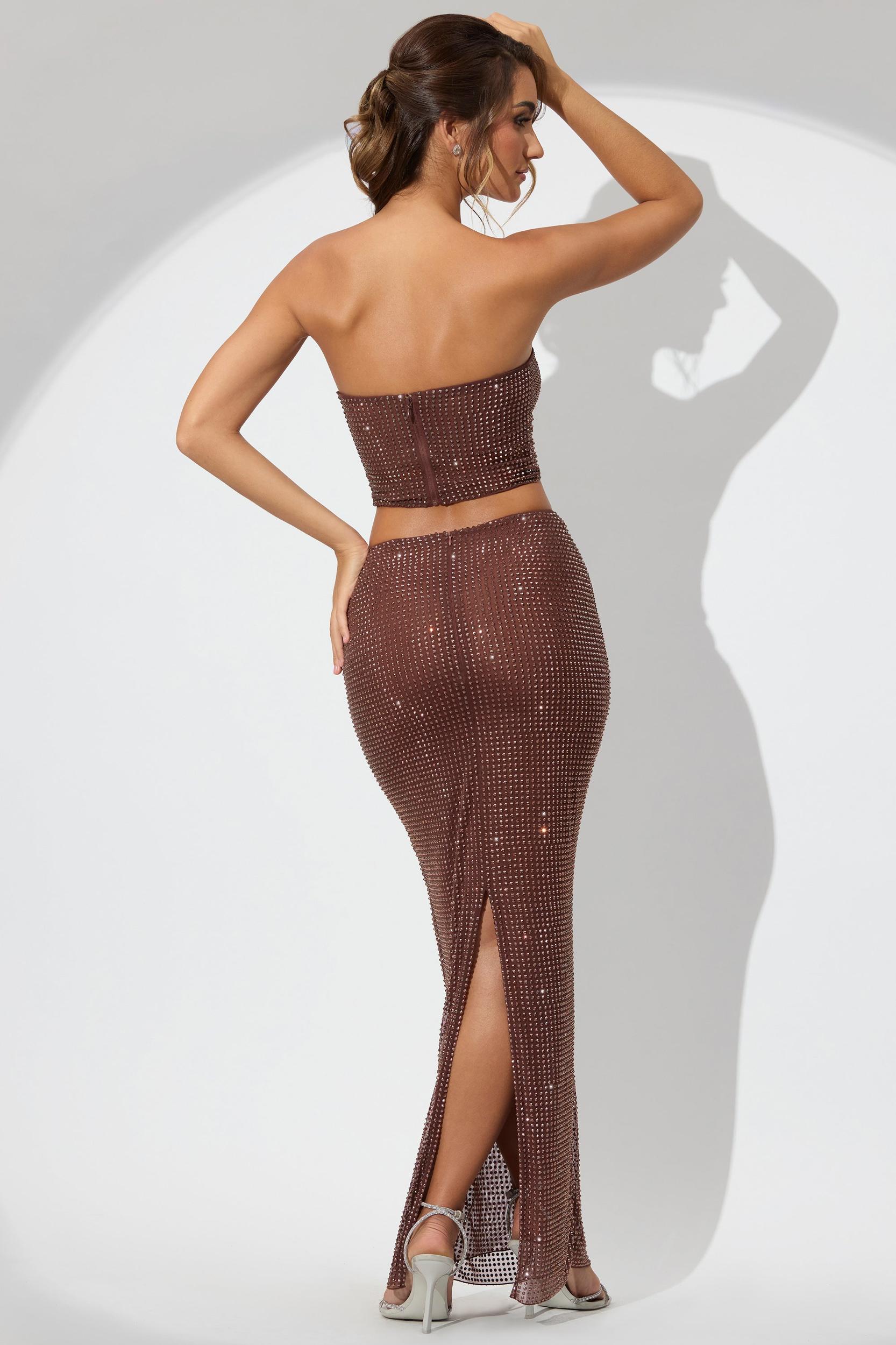 Embellished Mid Rise Maxi Skirt in Espresso Product Image