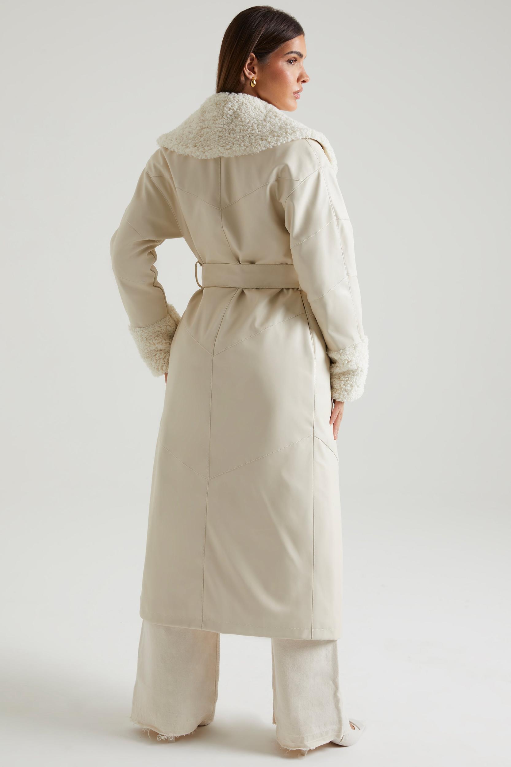 Tie Up Coat with Shearling Collar and Cuffs in Cream Product Image