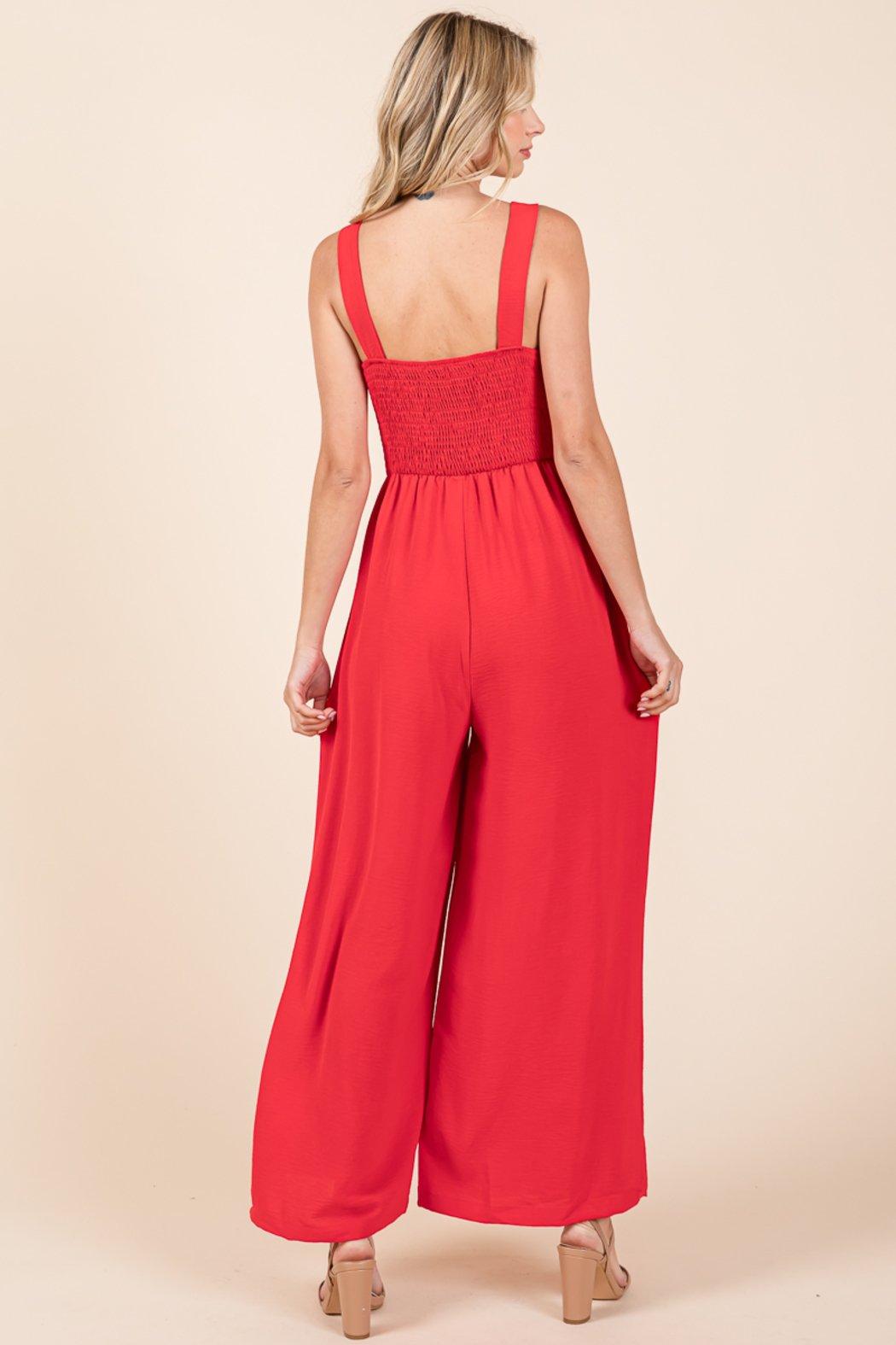 Smocked Strap Wide Leg Pleated Jumpsuit Product Image