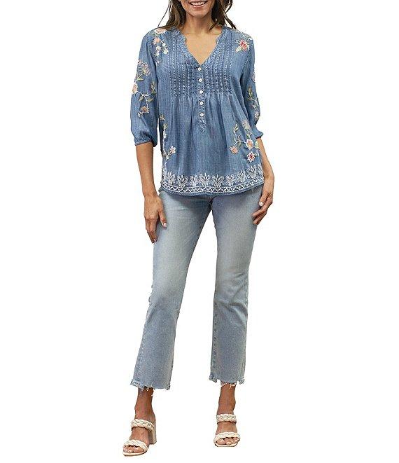 Karyn Seo Tyra Embroidered Chambray V-Neck 3/4 Sleeve Blouse Product Image