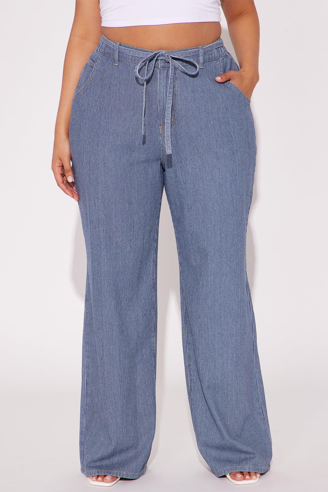 Laid Back Pinstripe Wide Leg Denim Trouser - Dark Wash Product Image