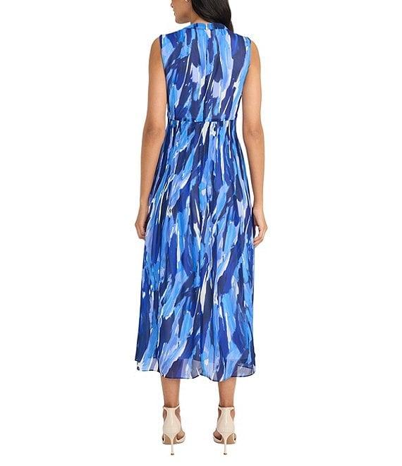 Maggy London Chiffon Multi Print Mock Neck Sleeveless Blouson Midi Dress Product Image