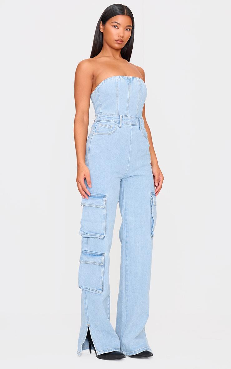 Light Blue Wash Cargo Pocket Bandeau Denim Jumpsuit Product Image