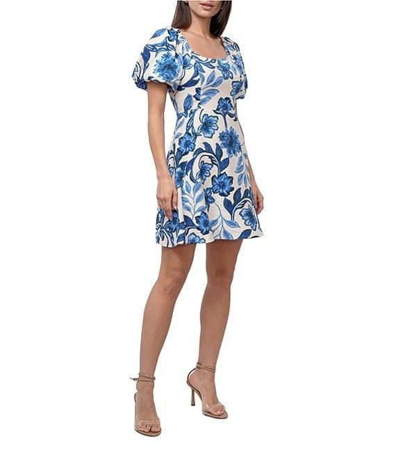 Adelyn Rae Halton Woven Floral Print Square Neck Short Puff Sleeve Sheath Mini Dress Product Image