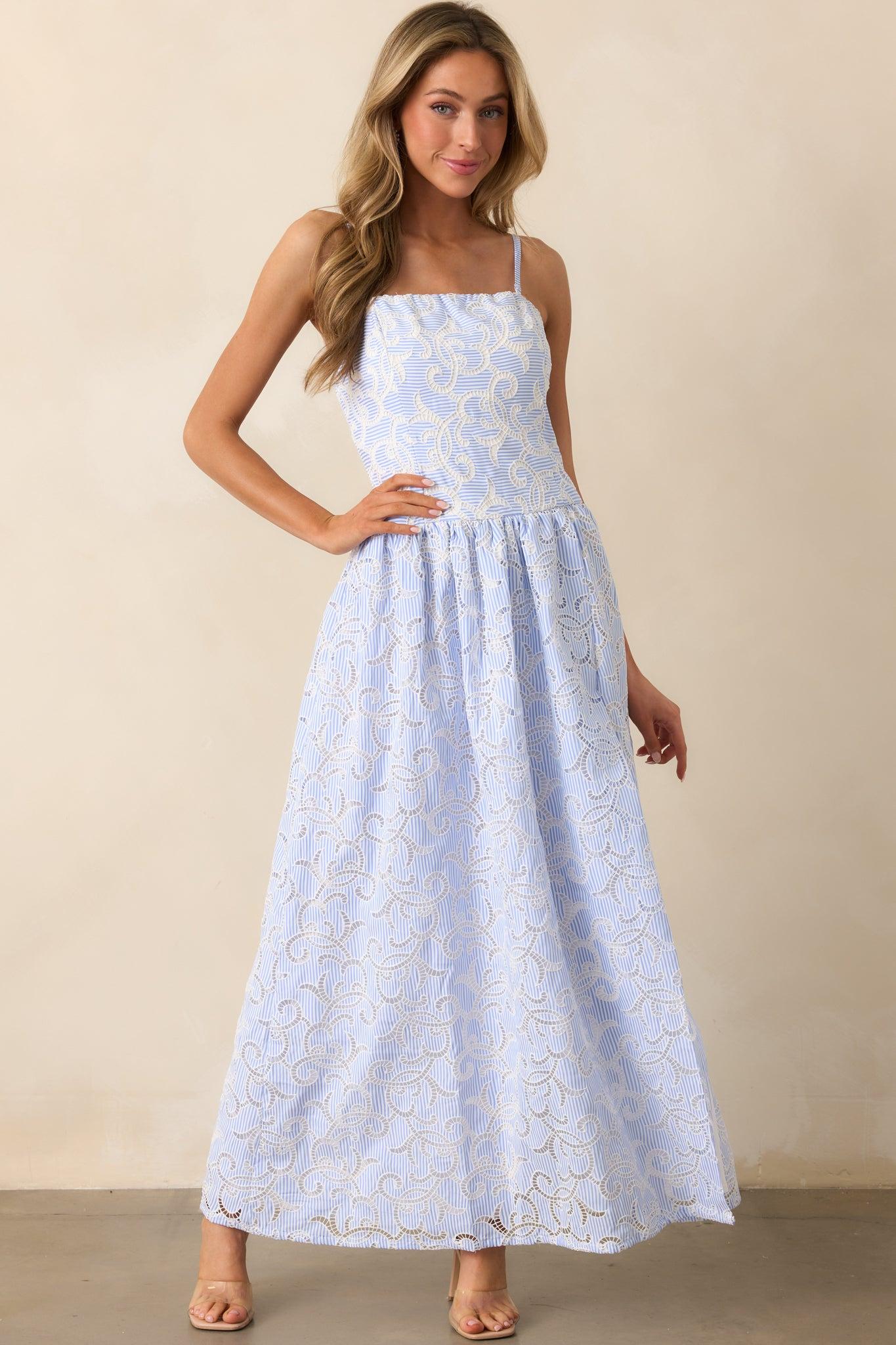 The Space Between Blue Stripe Embroidered Eyelet Maxi Dress Product Image