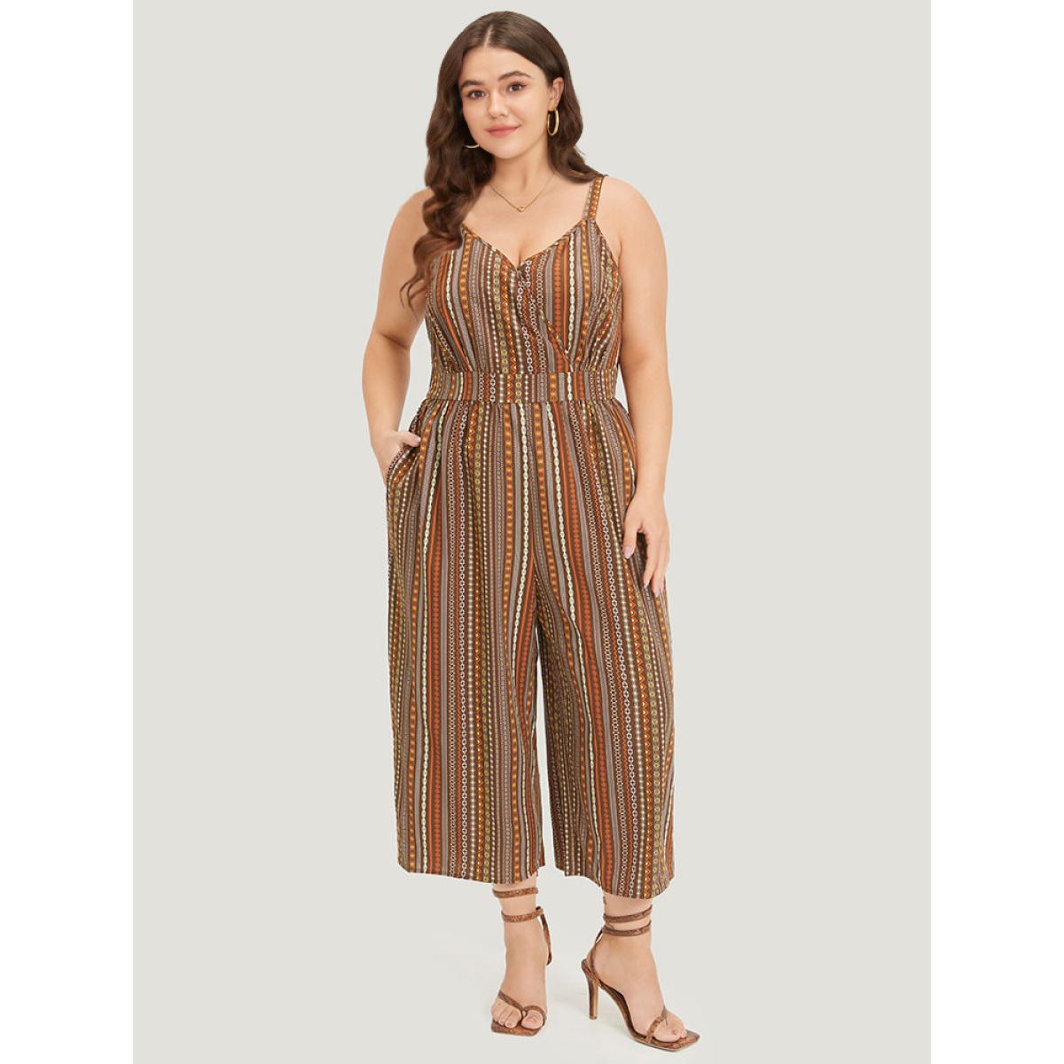 Plus Size DarkBrown Bandana Print Pocket Adjustable Straps Wrap Cami Jumpsuit Women Elegant Sleeveless Spaghetti Strap Dailywear Loose Jumpsuits BloomChic 12/L Product Image
