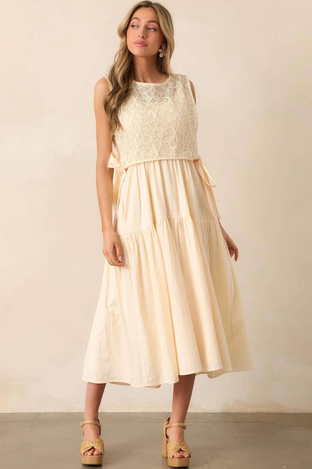 Everything & More Natural Cotton Crochet Bodice Midi Dress Product Image