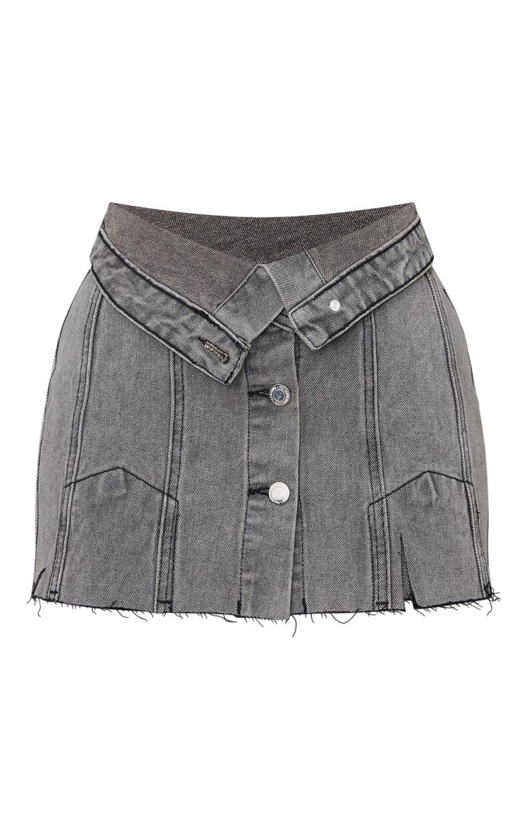 Petite Grey Distressed Denim Foldover Micro Mini Skirt Product Image