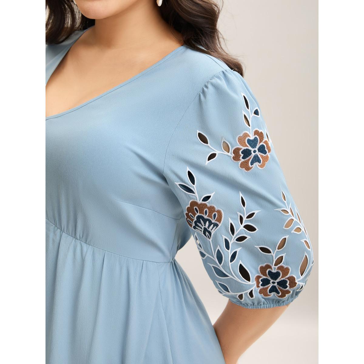 Plus Size Cut-Out Embroidery Stretchy Waist Midi Dress Skyblue Women Boho V-neck Half Sleeve Curvy BloomChic 28/5X Product Image