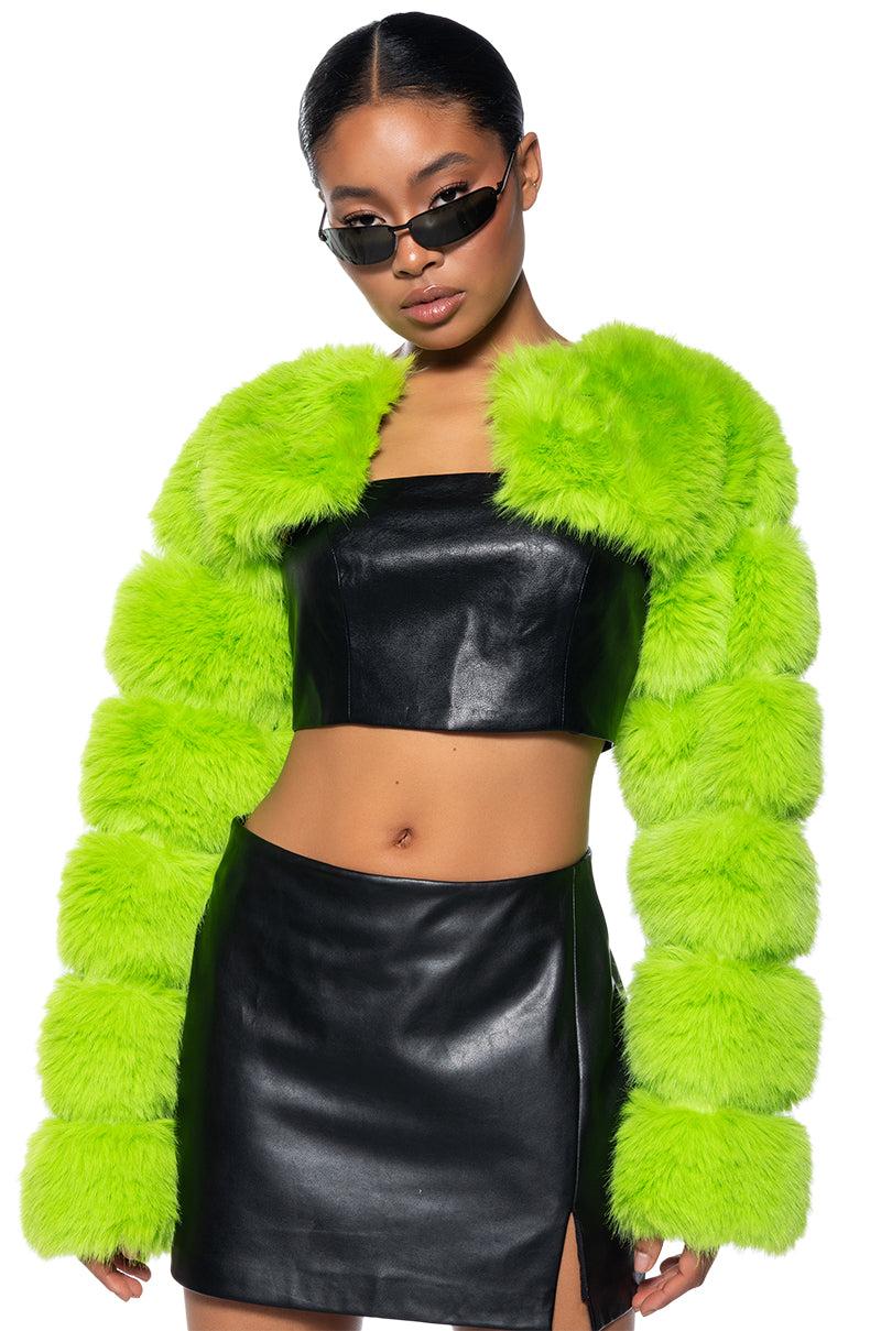 LADIES NIGHT ULTRA CROP FAUX FUR JACKET Product Image