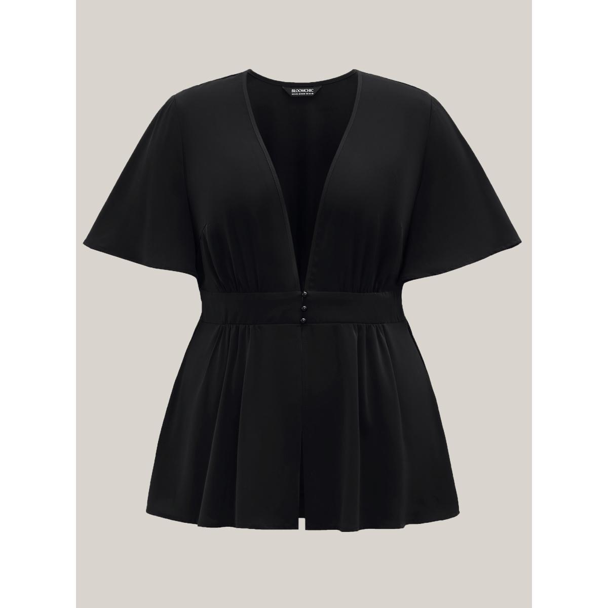 Plus Size Black V-Neck Stretchy-Waist Button Flared Blouse Women Elegant Short sleeve Deep V-neck Everyday Blouses BloomChic 22-24/3X Product Image