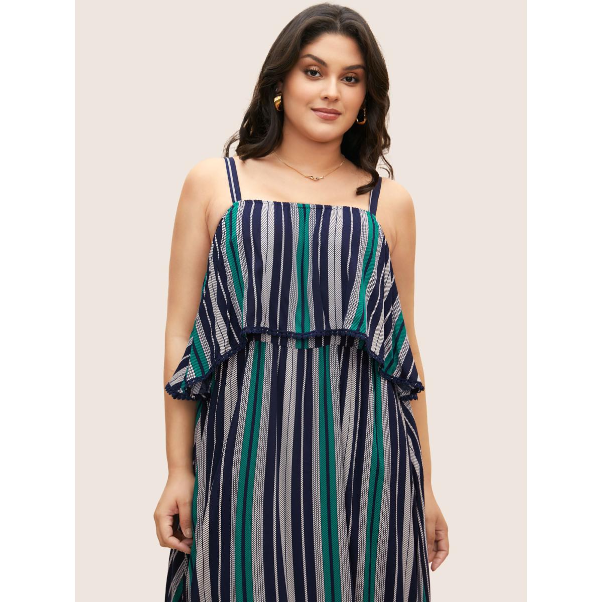 Plus Size Contrast Striped Ruffles Woven Ribbon Dress Indigo Women Elegant Woven ribbon&lace trim One-shoulder neck Sleeveless Curvy BloomChic 14-16/1X Product Image