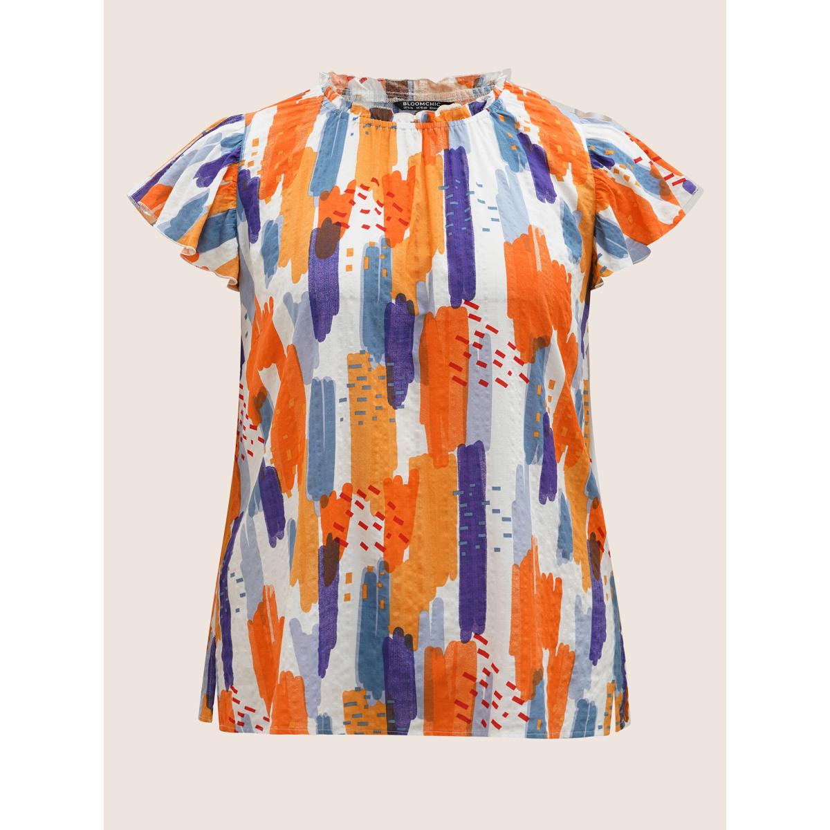 Plus Size Multicolor Brush Print Split Side Cap Sleeve Blouse Women Elegant Cap Sleeve Stand-up collar Everyday Blouses BloomChic 12/L Product Image