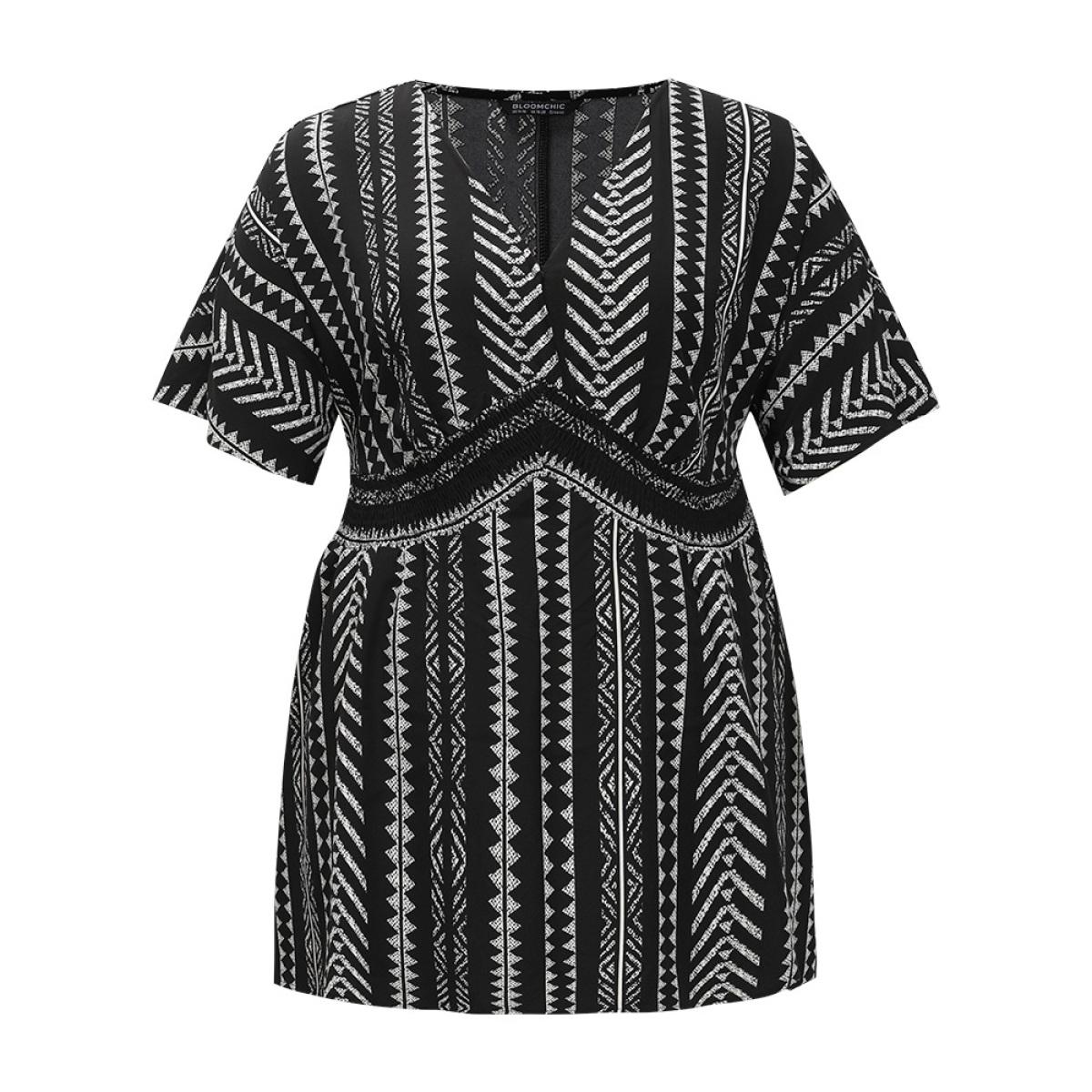 Plus Size Black Bandana Print High Low Hem Patchwork Blouse Women Elegant Short sleeve Deep V-neck Vacation Blouses BloomChic 14-16/1X Product Image