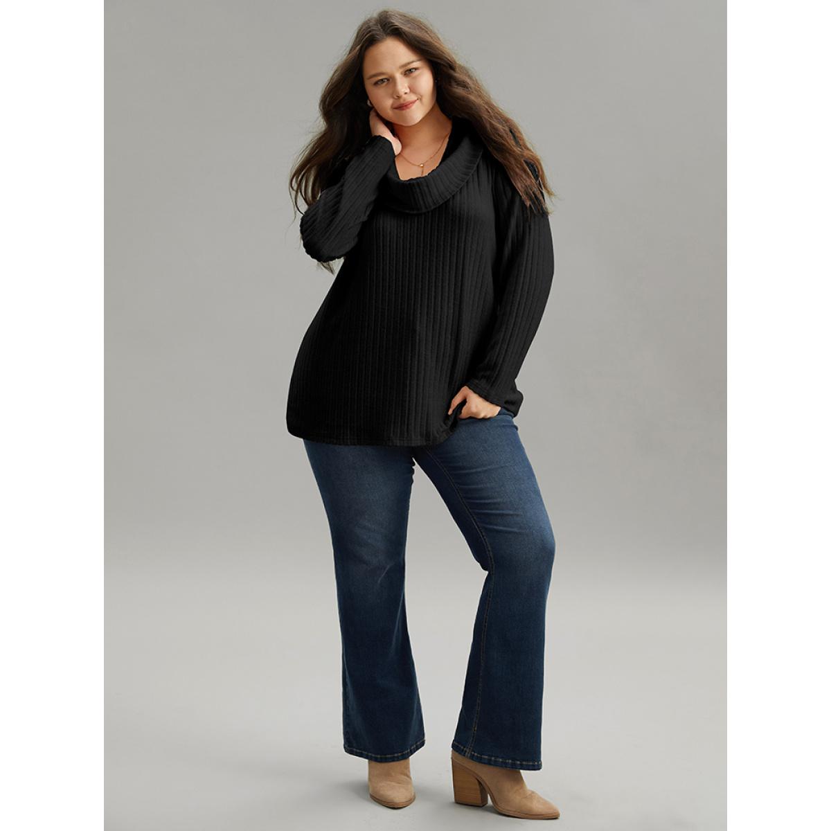 Plus Size Plain Rib Knit Cowl Neck T-shirt Black Women Elegant Texture Plain Ruffled collar Dailywear T-shirts BloomChic 28/5X Product Image