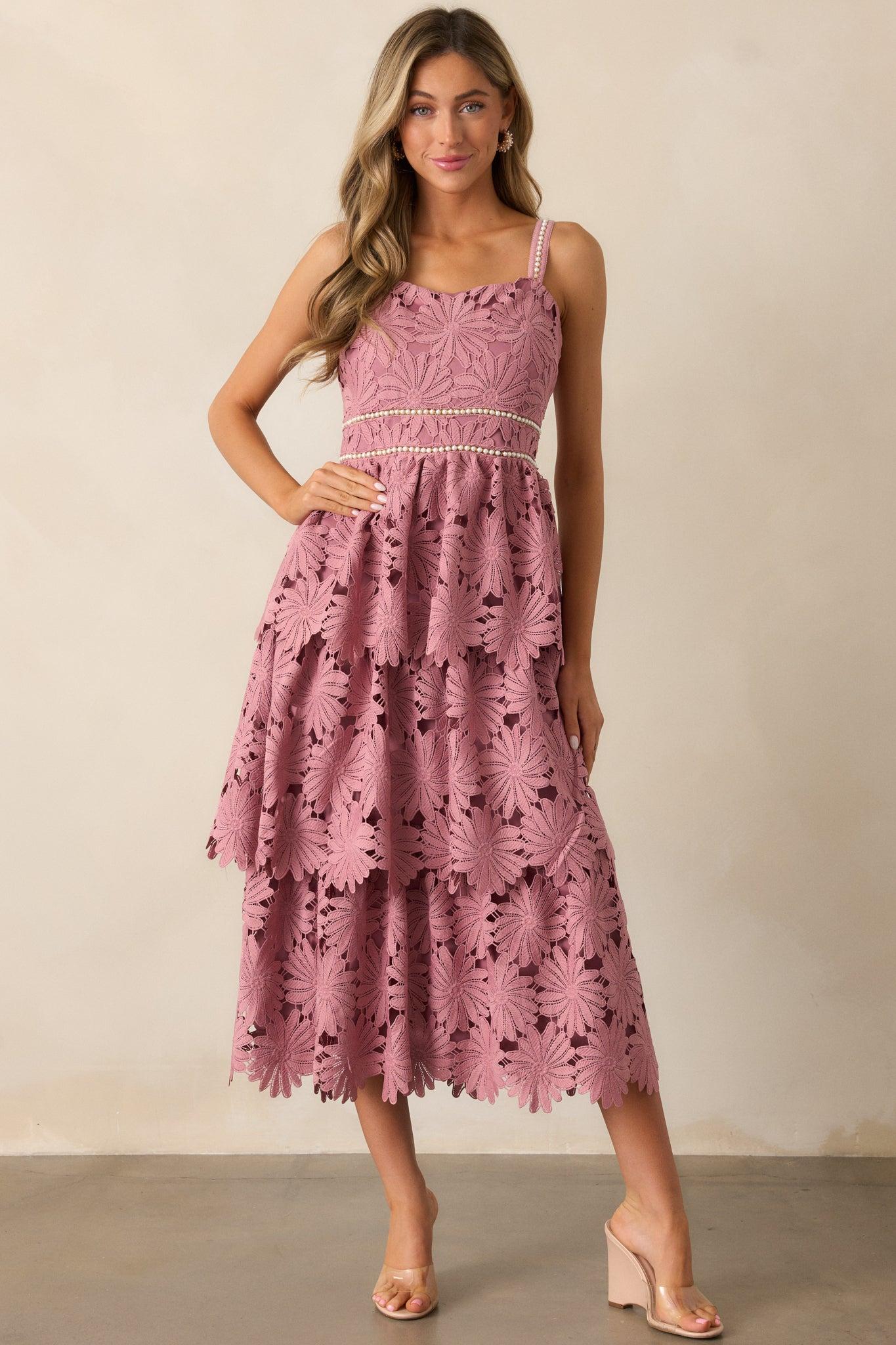 My Love Language Dusty Pink Floral Embroidered Midi Dress Product Image