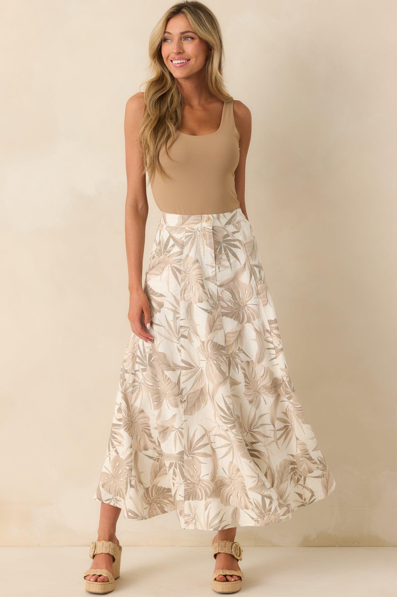 Wave Of Elegance Sandstone Tropical Print Maxi Skirt Product Image
