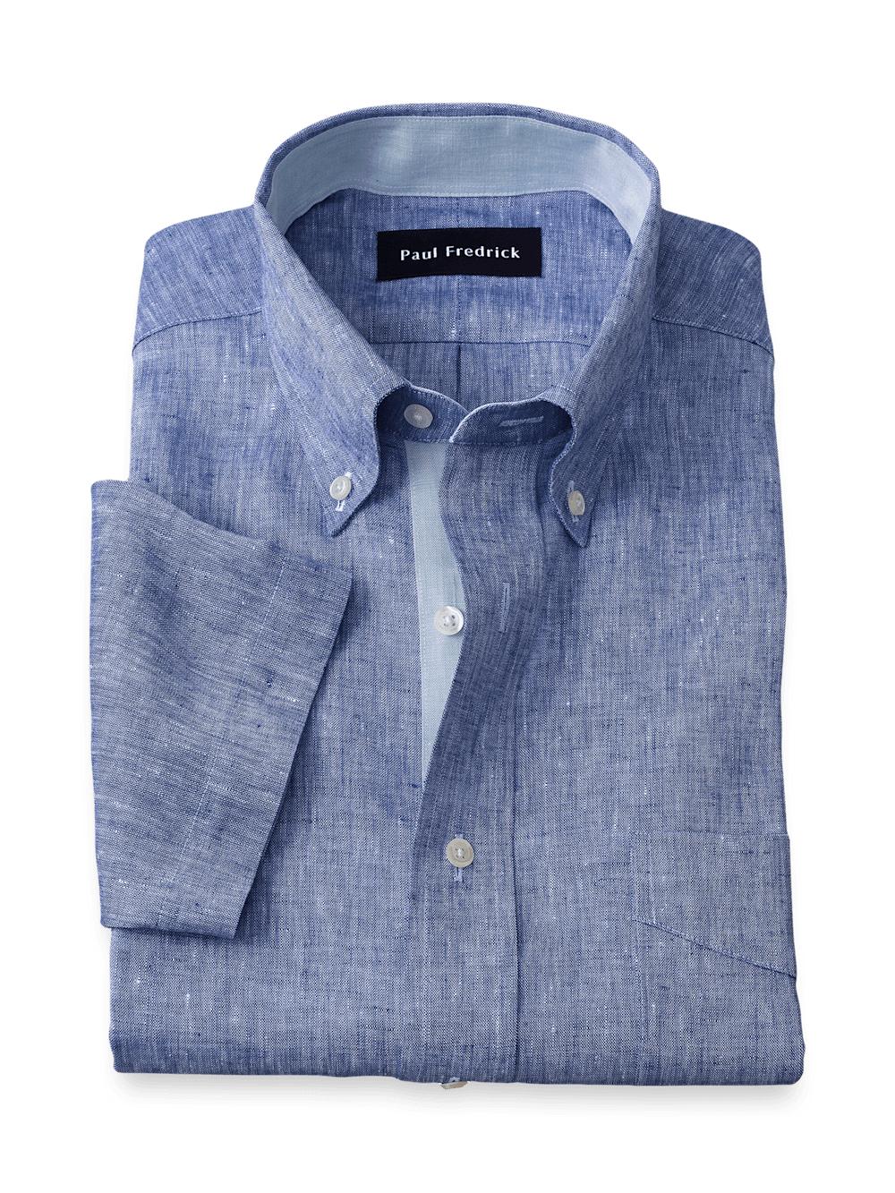 Non-Iron Linen Solid Dress Shirt With Contrast Trim - Dark Blue Product Image