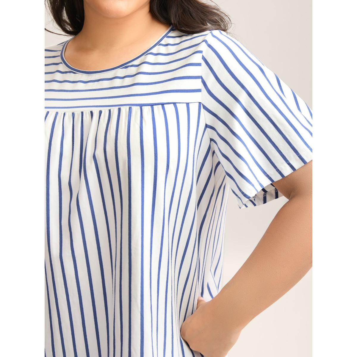 Plus Size Stripes Everywhere Round Neck T-Shirt DarkBlue Women Gathered Round Neck Everyday-Casual T-shirts BloomChic 28/5X Product Image