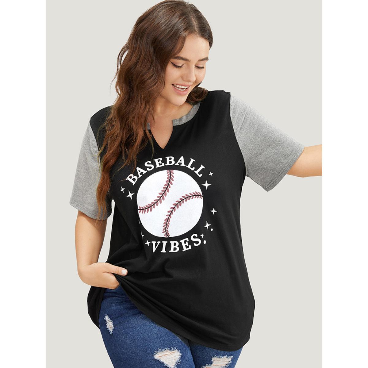 Plus Size Letter & Leaf Print Contrast Notched Neck T-shirt Black Women Casual Contrast Graphic Dailywear T-shirts BloomChic 22-24/3X Product Image